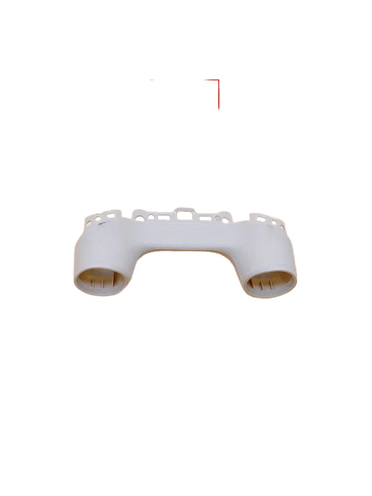 Light gray plastic dual tube connector with multiple mounting holes on top