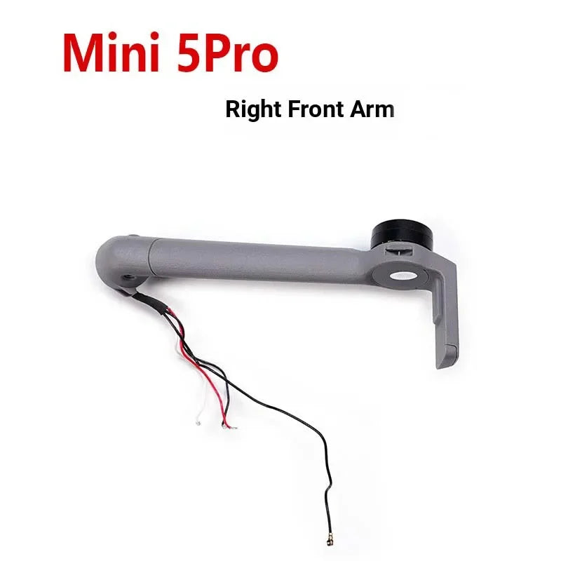 Gray Mini 5Pro drone right front arm with attached wires on white background