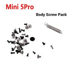 Mini 5Pro body screw pack with assorted black and silver screws and a metal tool on white background
