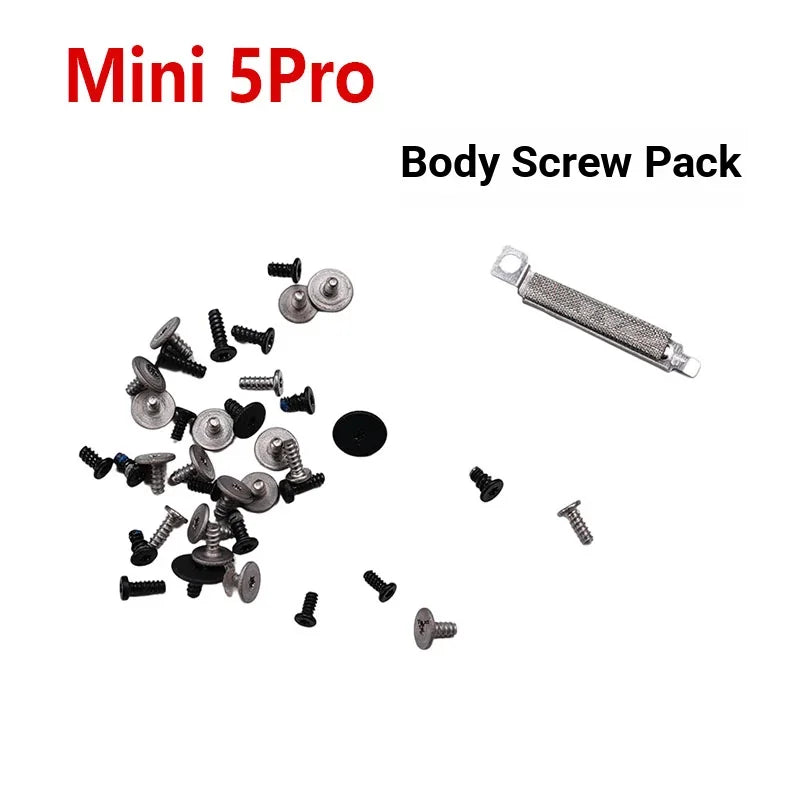 Mini 5Pro body screw pack with assorted black and silver screws and a metal tool on white background