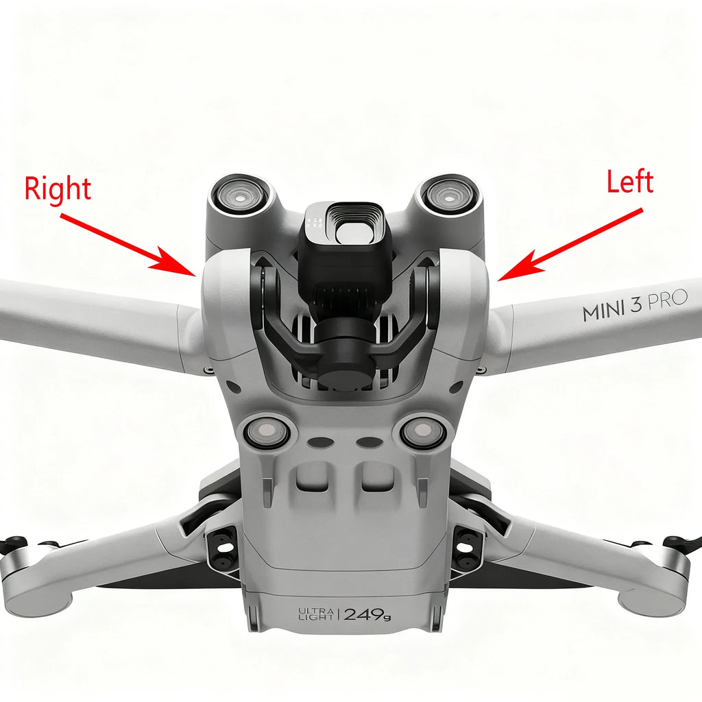 Bottom view of lightweight Mini 3 Pro drone with labeling of right and left arms and front camera