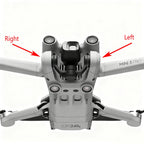 Bottom view of lightweight Mini 3 Pro drone with labeling of right and left arms and front camera