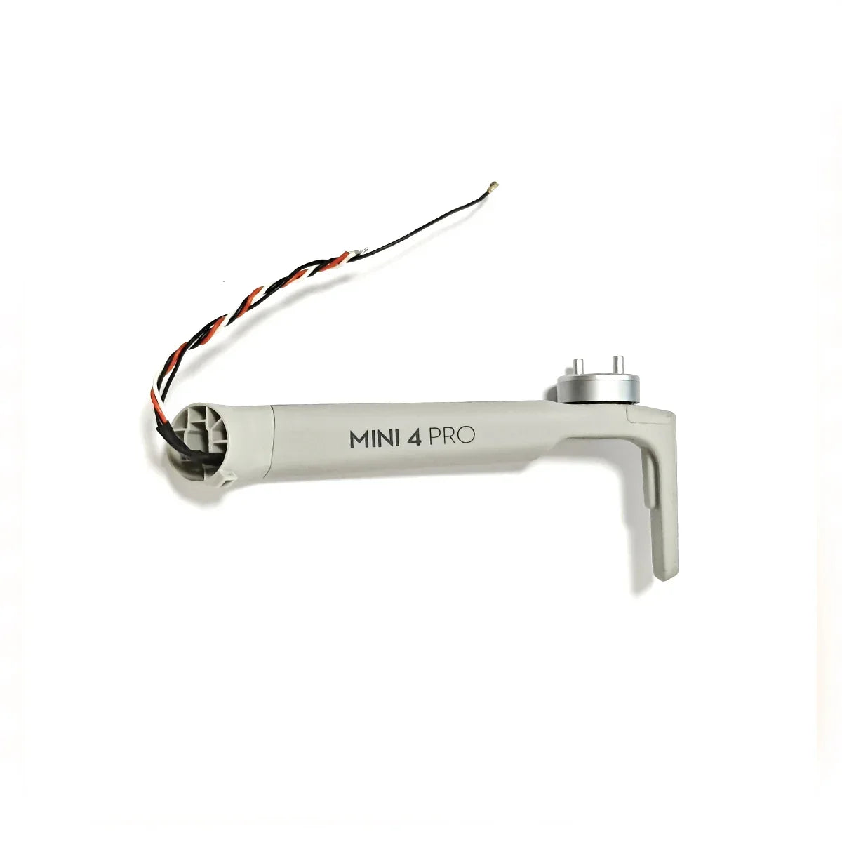 Gray Mini 4 Pro drone arm with wiring and motor mount on white background
