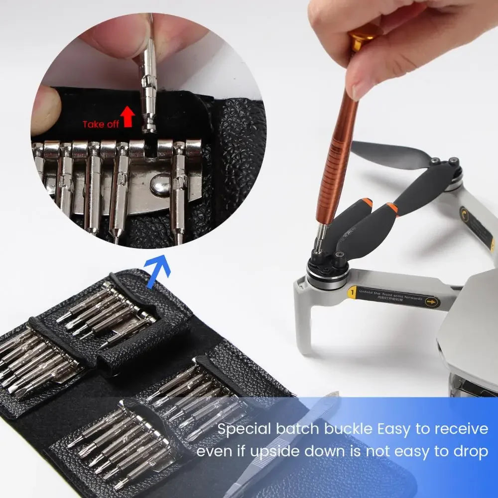 Precision screwdriver set with multiple bits in a black case used for drone propeller repair