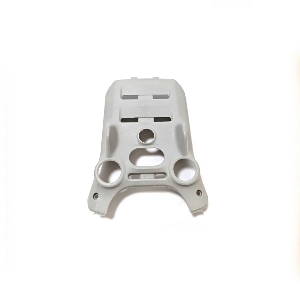 Gray plastic mounting bracket with multiple circular and rectangular slots on a white background