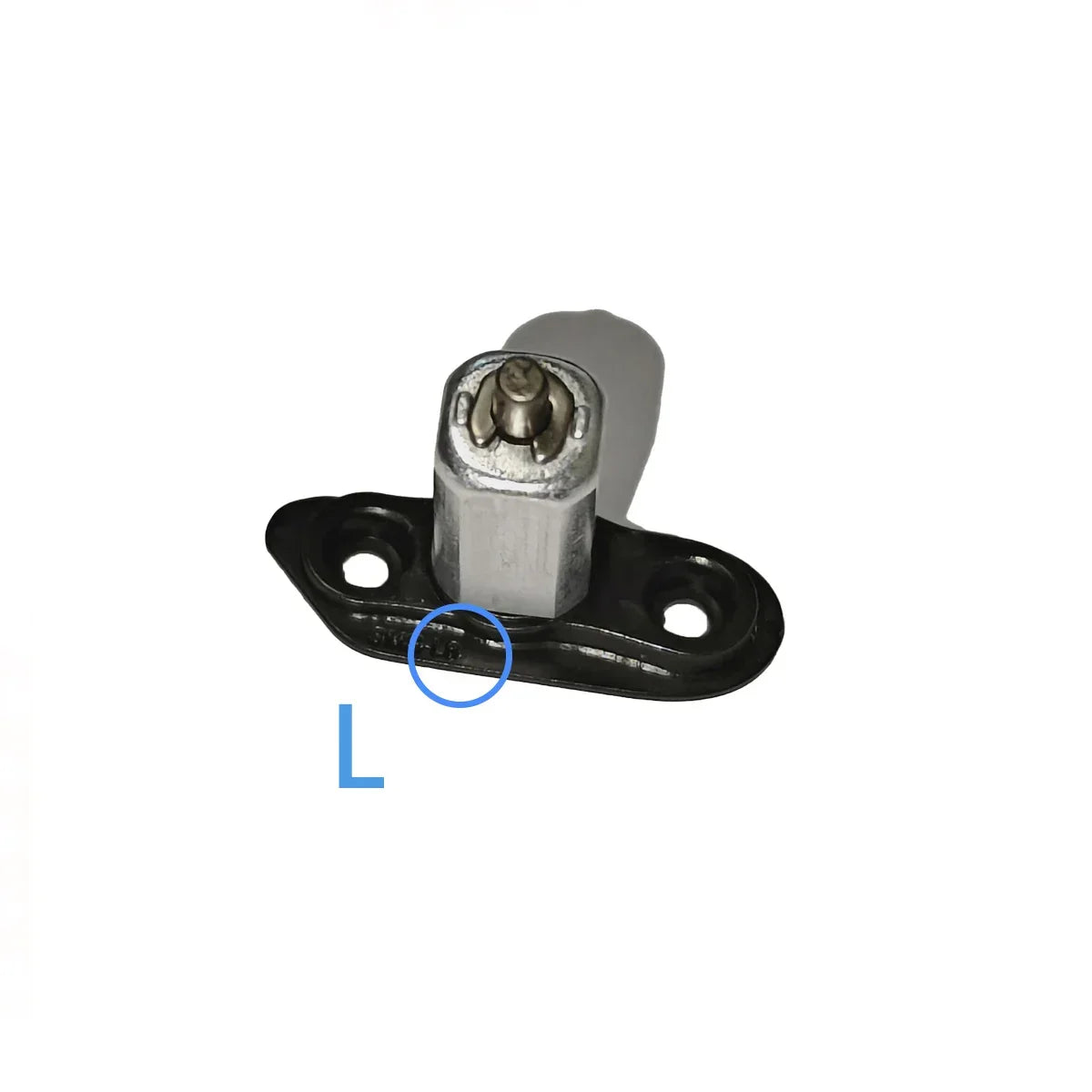 Metal locking mechanism component with black base and two screw holes on white background