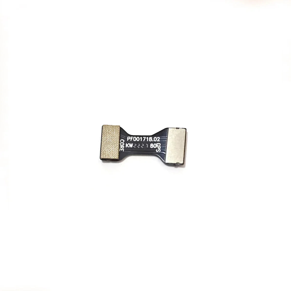 Black electronic flex cable connector with metal ends on white background