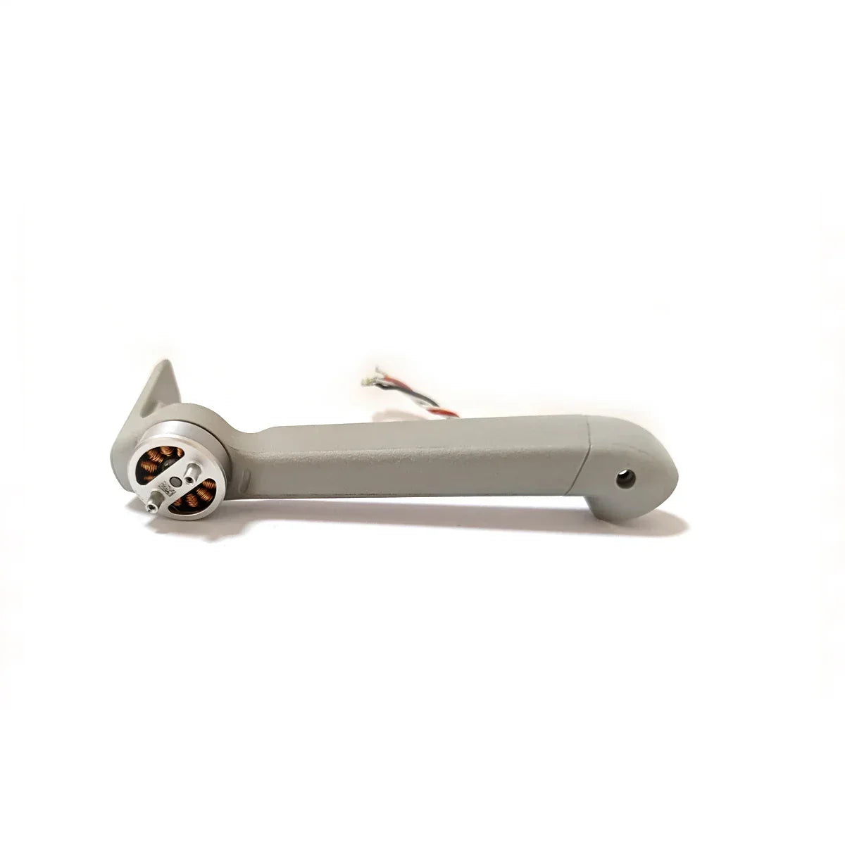 Gray drone motor arm with exposed copper coils and wiring on a white background