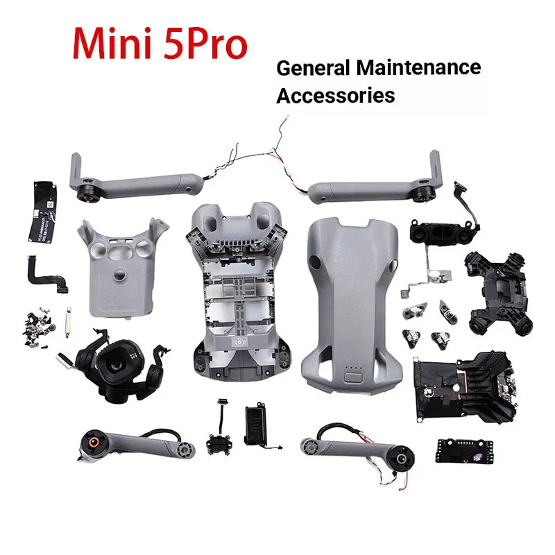 Mini 5Pro drone general maintenance accessories including arms, shell parts, camera gimbal, and electronic components laid out on white background