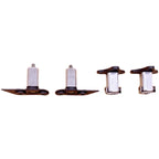 Set of four metallic door hinge pivot pins with black mounting plates on a white background