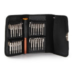 Black leather case with precision screwdriver set and multiple metal bits for electronics repair