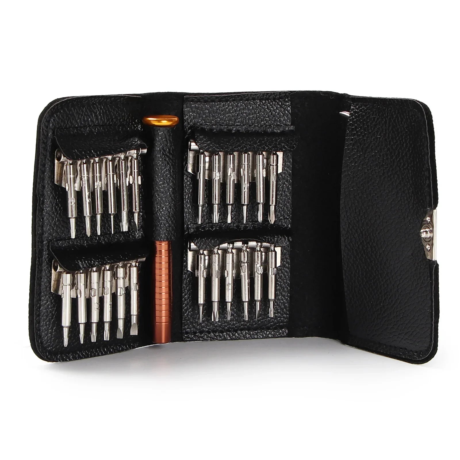 Black leather case with precision screwdriver set and multiple metal bits for electronics repair
