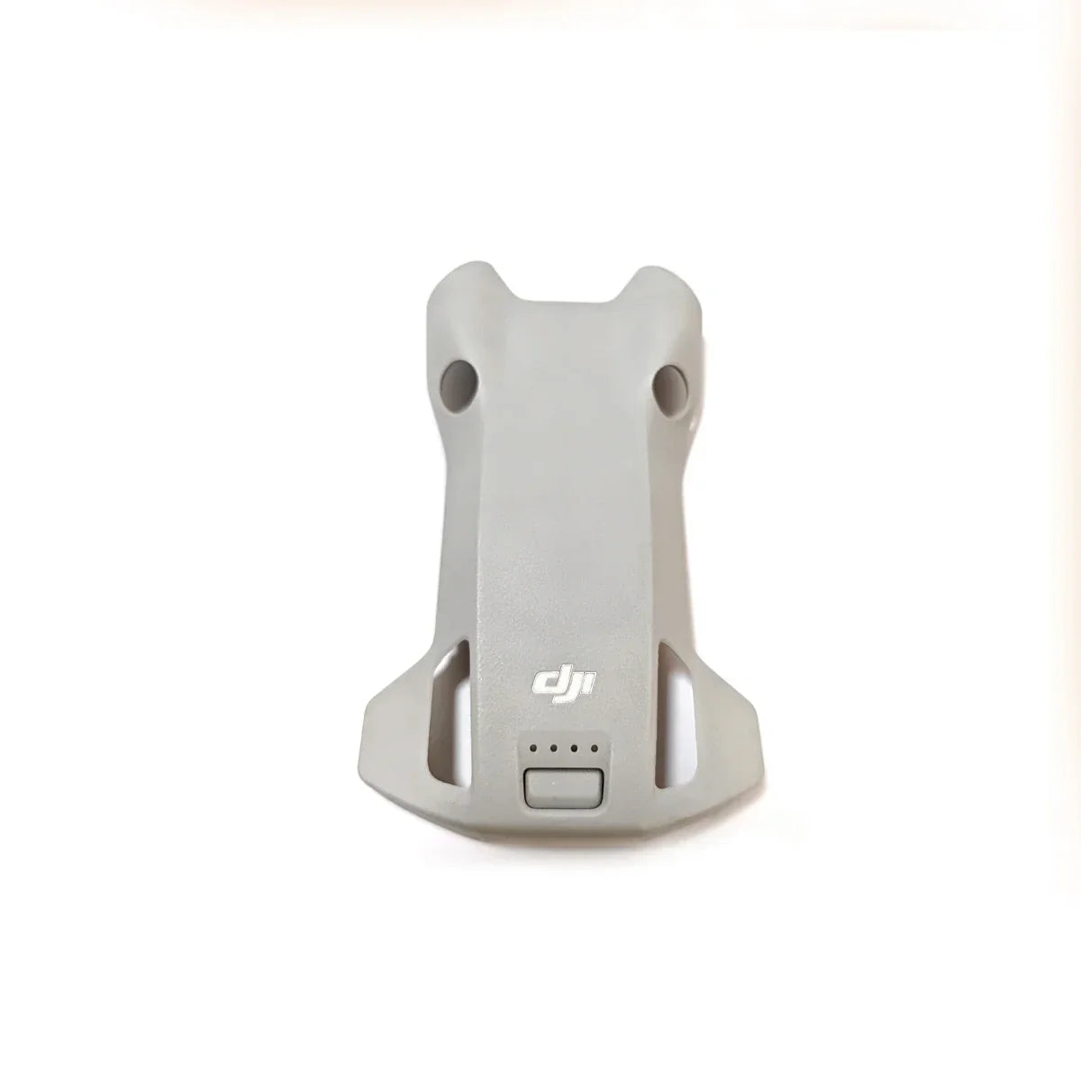 Gray DJI drone battery with LED indicator and power button on a white background