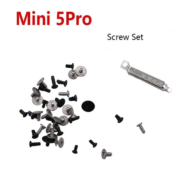 Mini 5Pro screw set with assorted black and silver screws and metal tool on white background