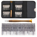 Precision screwdriver set with gold handle and 24 assorted metal bits in black carrying case