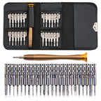 Precision screwdriver set with gold handle and 24 assorted metal bits in black carrying case