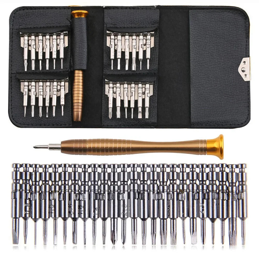 Precision screwdriver set with gold handle and 24 assorted metal bits in black carrying case