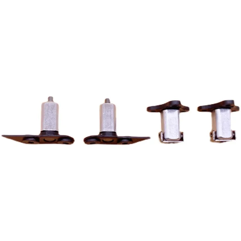 Set of four metallic door latch bolts with black mounting plates on white background