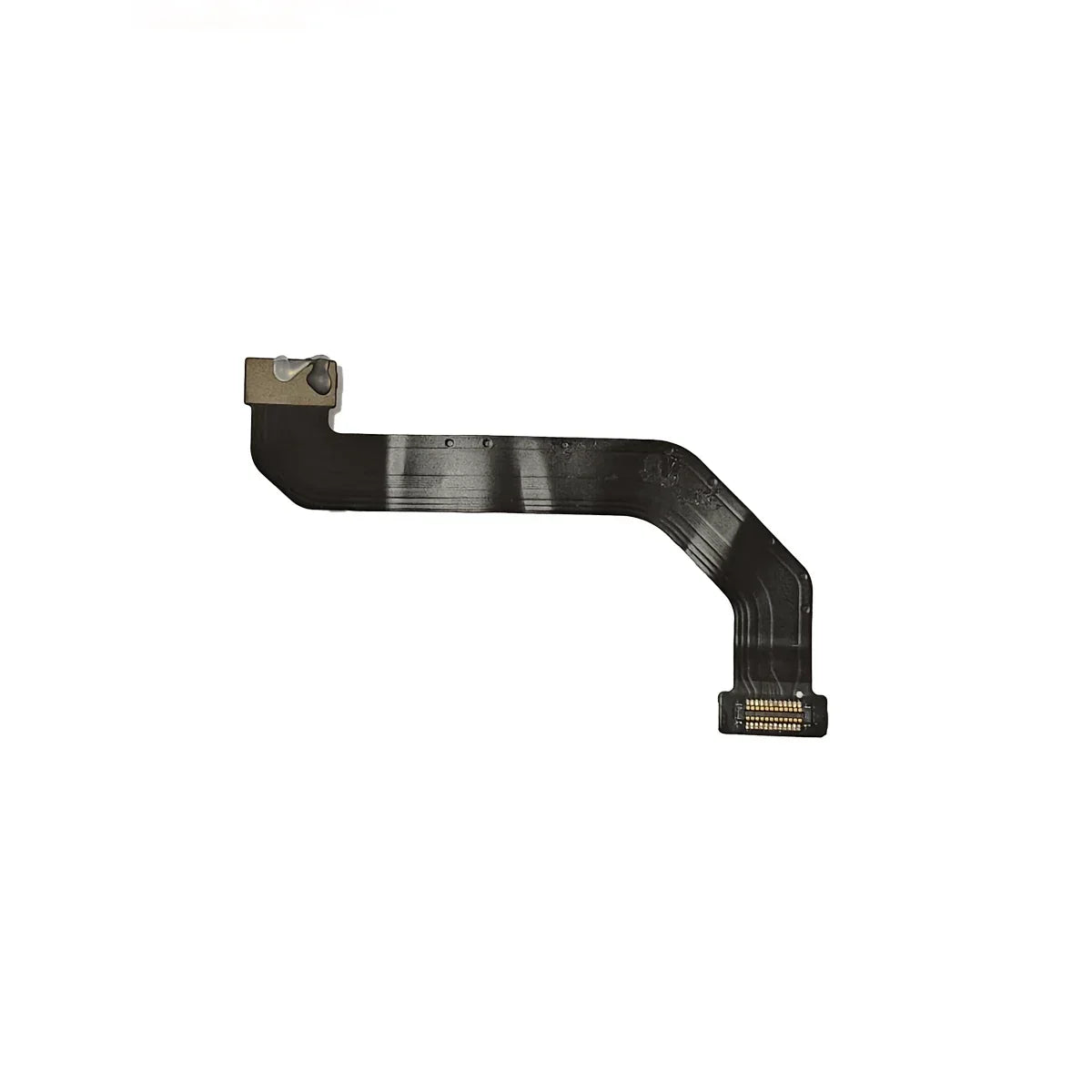 black flexible circuit ribbon cable with connector and adhesive on white background
