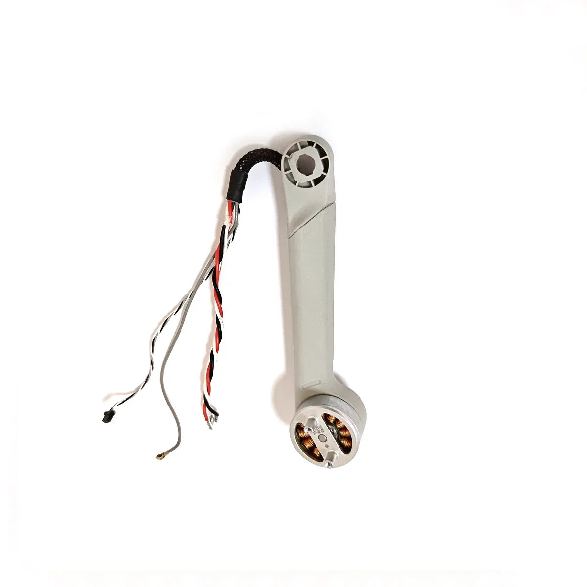 Gray drone arm with exposed copper motor coils and attached black red and white wires on white background