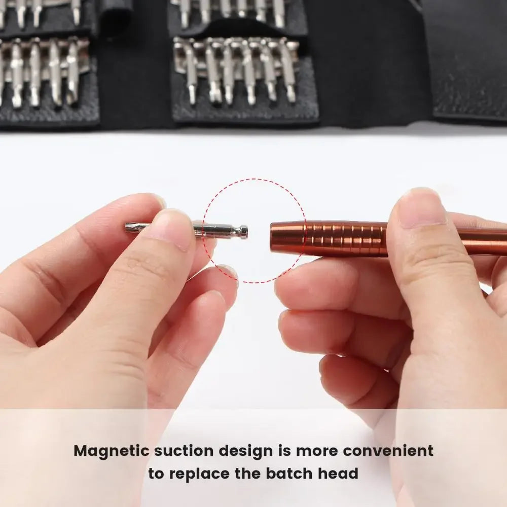 Hands assembling a magnetic screwdriver with interchangeable batch head tool tips in the background